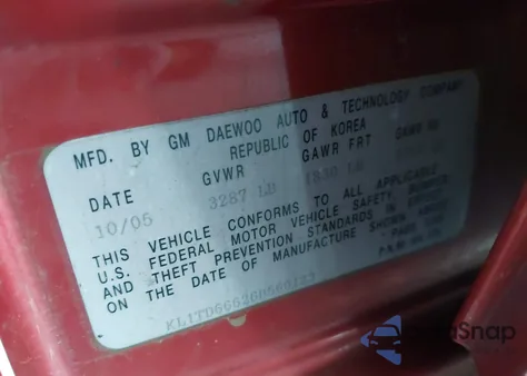 2006 Chevrolet Aveo Ls z USA, uszkodzony, nr VIN KL1TD66626B560123